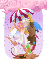 Size: 720x900 | Tagged: safe, artist:sketchytsh, discord, princess celestia, human, anthro, g4, antlers, armpits, barefoot, chocolate, chocolate rain, clothes, cloud, crown, dress, feet, female, food, holding hands, horn, humanized, jewelry, looking at each other, looking at someone, male, rain, regalia, ship:dislestia, shipping, straight, umbrella, wings