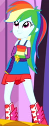 Size: 1920x4940 | Tagged: safe, screencap, rainbow dash, eqg summertime shorts, equestria girls, g4, make up shake up, bare shoulders, belt, boots, clothes, cropped, cute, cutie mark on clothes, dashabetes, fall formal outfits, female, fingerless gloves, gloves, hand behind back, shoes, sleeveless, smiling, solo