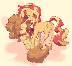 Size: 1084x992 | Tagged: safe, artist:eopo, adagio dazzle, sunset shimmer, pony, unicorn, g4, blushing, bondage, butt, duo, equestria girls ponified, female, gift wrapped, lesbian, lying down, mare, on back, one eye closed, plot, ponified, ribbon, ship:sunsagio, shipping, tied up