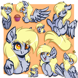 Size: 4000x4000 | Tagged: safe, artist:witchtaunter, derpy hooves, pegasus, pony, g4, absurd resolution, bust, chest fluff, chibi, crying, cute, derp, ear fluff, excited, food, muffin, multeity, portrait, shoulder fluff, simple background, sleeping, smiling, surprised, unstoppable force of derp