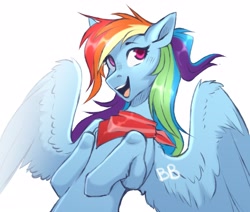 Size: 3543x3000 | Tagged: safe, artist:buvanybu, rainbow dash, pegasus, pony, g4, bandana, cute, female, happy, high res, hooves to the chest, leg fluff, magenta eyes, mare, open mouth, open smile, simple background, smiling, solo, white background