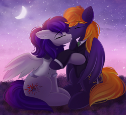 Size: 2922x2662 | Tagged: safe, artist:janelearts, oc, oc only, pegasus, pony, crescent moon, female, high res, male, mare, moon, pegasus oc, shipping, sky, stallion, stars, sunset, wings