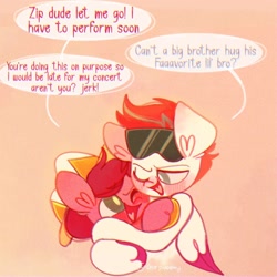 Size: 1280x1280 | Tagged: safe, artist:sockiepuppetry, pipp petals, zipp storm, pegasus, pony, g5, my little pony: a new generation, blushing, brothers, happy, hat, hug, looking at each other, looking at someone, male, one eye closed, pip corolla, royal brothers (g5), rule 63, siblings, sunglasses, wings, wink, zip cyclone