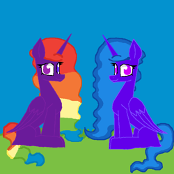 Size: 700x700 | Tagged: safe, artist:princessmoonlight, oc, oc:moonlight stars, oc:roselight heart, alicorn, pony, alicorn oc, dark purple coat, female, grass, grass field, horn, light purple coat, moonlight hair, multicolor eyes, multicolored hair, multicolored mane, multicolored tail, purple eyes, rainbow hair, sibling love, siblings, simple background, sister time, sisterly love, sisters, sitting, smiling, tail, wavy mane, wavy tail, wings