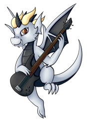 Size: 2088x2983 | Tagged: safe, artist:coco-drillo, oc, oc:nugget, dragon, bass guitar, dragon oc, high res, horns, jumping, leaping, musical instrument, simple background, solo, spread wings, transparent background, wings