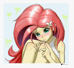 Size: 1500x1382 | Tagged: safe, artist:inkypuso, fluttershy, equestria girls, g4, bare shoulders, blushing, clothes, cute, female, shyabetes, sleeveless, solo, tank top