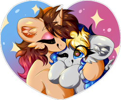 Size: 966x801 | Tagged: safe, artist:woonborg, oc, oc:bluecode, oc:woonie, pegasus, pony, unicorn, heart, hearts and hooves day, holiday, hug, shiny, snuggling, sparkles, valentine, valentine's day, ych example, your character here