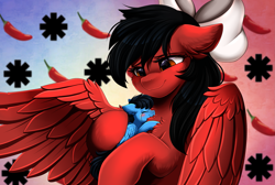 Size: 3031x2040 | Tagged: safe, artist:pridark, oc, oc only, pegasus, pony, blushing, chest fluff, crying, cute, female, high res, hug, larger female, male, mare, size difference, smaller male, wings