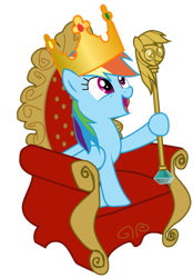 Size: 1280x1838 | Tagged: safe, artist:alltoasters, rainbow dash, pegasus, pony, g4, burger king, burger king crown, crown, dashicane, female, jewelry, mare, regalia, scepter, simple background, solo, throne, transparent background, vector