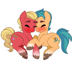 Size: 611x516 | Tagged: safe, artist:rozyfly10, hitch trailblazer, sprout cloverleaf, earth pony, pony, g5, my little pony: a new generation, blushing, colored hooves, cute, duo, duo male, eyes closed, filthy dirty friendship touching, gay, happy, hitchbetes, hitchsprout, looking at each other, male, shipping, simple background, smiling, smiling at each other, sproutbetes, stallion, stallion on stallion, submissive, transparent background, unshorn fetlocks
