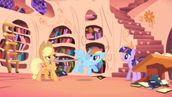 Size: 801x451 | Tagged: safe, screencap, applejack, rainbow dash, twilight sparkle, pegasus, pony, unicorn, friendship is magic, g4, season 1, biting, book, female, golden oaks library, library, mare, tail, tail bite, unicorn twilight