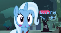 Size: 678x365 | Tagged: safe, artist:pagiepoppie12345, edit, edited screencap, screencap, trixie, pony, unicorn, g4, magic duel, 1000 hours in ms paint, blushing, evil trixie, implied lesbian, implied shipping, implied twilight sparkle, implied twixie, o mouth