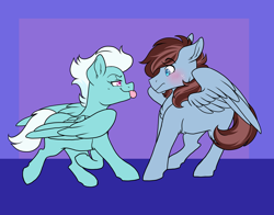 Size: 4900x3850 | Tagged: safe, artist:twisted-sketch, fleetfoot, oc, oc:calm wind, pegasus, pony, g4, blushing, canon x oc, commission, female, female on male, femdom, fleetwind, flirting, looking at each other, looking at someone, male, mare, mare on stallion, pegasus oc, pony oc, shipping, stallion, straight, teasing, tongue out, wonderbolts