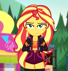 Size: 783x818 | Tagged: safe, artist:flutteryaylove, edit, edited screencap, screencap, sunset shimmer, equestria girls, equestria girls specials, g4, my little pony equestria girls: better together, my little pony equestria girls: sunset's backstage pass, breasts, busty sunset shimmer, cleavage, clothes, female, looking at you, sexy, smiling, socks, solo, stockings, thigh highs