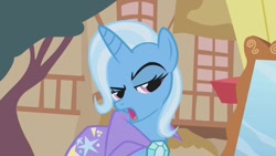 Size: 1280x720 | Tagged: safe, screencap, trixie, pony, unicorn, boast busters, g4, season 1, brooch, cape, clothes, female, gem, horn, jewelry, lidded eyes, mare, mirror, open mouth, raised eyebrow, solo, stars, trixie's brooch, trixie's cape