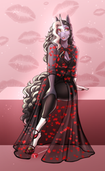 Size: 1911x3110 | Tagged: safe, artist:blackblood-queen, oc, oc only, oc:starling quartz, unicorn, anthro, unguligrade anthro, anthro oc, breasts, cleavage, clothes, digital art, dress, eyeshadow, female, hearts and hooves day, holiday, horn, lipstick, makeup, mare, mother, sitting, unicorn oc, valentine's day