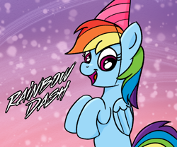 Size: 960x800 | Tagged: safe, artist:m.w., rainbow dash, pegasus, pony, g4, hat, open mouth, party hat, rainbow dash day, solo