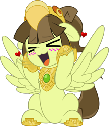 Size: 4281x5000 | Tagged: safe, artist:jhayarr23, oc, oc only, oc:tailcoatl, pegasus, pony, :d, ><, aztec, commission, cute, excited, eyes closed, floppy ears, helmet, hooves on cheeks, mexico, nation ponies, ocbetes, open mouth, open smile, ponified, simple background, smiling, solo, squee, transparent background, wings, ych result