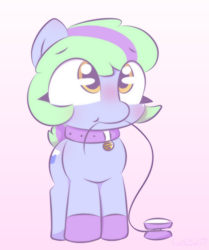 Size: 1672x2000 | Tagged: safe, artist:cushyhoof, oc, oc only, oc:cascade throw, earth pony, pony, bell, bell collar, blushing, cat bell, clothes, collar, cute, female, gloves, gradient background, looking up, mare, mouth hold, pony pet, short tail, solo, tail, yo-yo