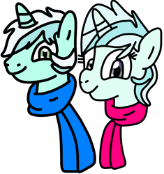 Size: 940x1000 | Tagged: safe, artist:jadeharmony, oc, oc:riski alpine, oc:slippery slope (ice1517), pony, unicorn, icey-verse, brother and sister, bust, clothes, duo, female, male, mare, offspring, parent:double diamond, parent:lyra heartstrings, parents:lymond, scarf, siblings, simple background, stallion, transparent background, twins