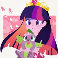 Size: 2043x2043 | Tagged: safe, artist:efuji_d, spike, twilight sparkle, dog, equestria girls, big crown thingy, cute, duo, element of magic, female, high res, holding a dog, jewelry, male, regalia, smiling, spikabetes, spike the dog, tongue out, twiabetes, twilight sparkle (alicorn)