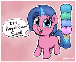 Size: 1903x1549 | Tagged: safe, artist:heretichesh, oc, oc only, oc:icy chill, pony, unicorn, abstract background, blushing, cute, female, filly, foal, food, glowing, glowing horn, horn, ice cream, ice cream cone, levitation, magic, ocbetes, open mouth, open smile, pure unfiltered good, silly filly, smiling, solo, speech bubble, talking to viewer, telekinesis