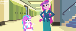 Size: 972x396 | Tagged: safe, artist:selenaede, artist:yulianapie26, dean cadance, princess cadance, princess flurry heart, equestria girls, g4, base used, duo, equestria girls-ified, eyes closed, female, hand on hip, indoors, mother and child, mother and daughter, older, older flurry heart, smiling