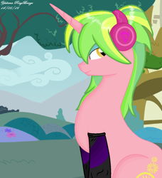 Size: 1020x1116 | Tagged: safe, artist:yulianapie26, lemon zest, pony, unicorn, equestria girls, g4, base used, clothes, equestria girls ponified, female, headphones, mare, outdoors, ponified, socks, solo