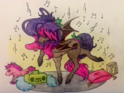 Size: 2038x1541 | Tagged: safe, artist:razledazle, oc, oc only, bat pony, pony, bat pony oc, bat wings, dancing, hair over eyes, music notes, radio, raised hoof, solo, traditional art, wings