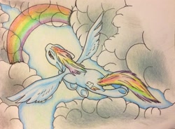 Size: 1934x1420 | Tagged: safe, artist:razledazle, rainbow dash, pegasus, pony, cloud, colored pencil drawing, female, flying, mare, outdoors, rainbow, solo, traditional art, underhoof, wings