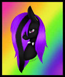 Size: 1640x1942 | Tagged: safe, artist:maneblue, oc, oc only, earth pony, pony, abstract background, bust, choker, ear piercing, earth pony oc, female, mare, piercing, signature, solo, spiked choker