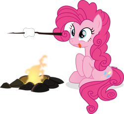 Size: 5893x5411 | Tagged: safe, artist:cirillaq, pinkie pie, earth pony, pony, g4, absurd resolution, campfire, female, fire, food, mare, marshmallow, poofy pie, prehensile mane, roasted marshmallow, simple background, solo, tongue out, transparent background, vector