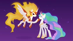 Size: 4096x2307 | Tagged: safe, artist:arina-gremyako, daybreaker, princess celestia, alicorn, pony, a royal problem, g4, crown, duo, female, hoof on chin, hoof shoes, jewelry, looking at each other, looking at someone, mare, raised hoof, regalia, scene interpretation, swapped cutie marks
