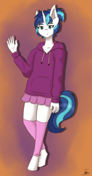 Size: 1794x3420 | Tagged: safe, artist:shypuppy, shining armor, unicorn, anthro, unguligrade anthro, g4, clothes, crossdressing, femboy, hoodie, male, miniskirt, shining femboy armor, skirt, socks, solo, thigh highs