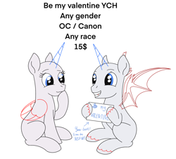 Size: 2057x1858 | Tagged: safe, artist:dyonys, pony, advertisement, commission, commission info, female, holiday, looking at each other, looking at someone, male, mare, sign, sitting, smiling, stallion, text, valentine's day, your character here