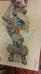 Size: 314x559 | Tagged: safe, artist:porcelanowyokular, octavia melody, oc, changeling, pony, g4, :p, changeling oc, cute, ear fluff, forked tongue, lying down, on back, one eye closed, solo, tongue out, traditional art, wink