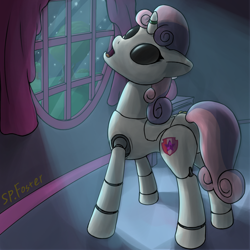 Size: 1200x1200 | Tagged: safe, artist:spfoster, sweetie belle, pony, robot, robot pony, unicorn, g4, black sclera, night, sweetie bot