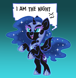 Size: 3516x3595 | Tagged: safe, artist:confetticakez, nightmare moon, alicorn, pony, g4, >:3, armor, bipedal, chibi, cute, female, filly, helmet, high res, hoof shoes, i am the night, jewelry, mare, moonabetes, nightmare moon armor, nightmare woon, open mouth, rearing, regalia, solo