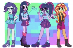 Size: 2048x1354 | Tagged: safe, artist:oc_ponys, rarity, sci-twi, sunset shimmer, twilight sparkle, equestria girls, g4, 2022, clothes, cutie mark on clothes, female, glasses, high heels, looking at you, partial background, rarity peplum dress, school uniform, shoes, signature, simple background, twolight, white background