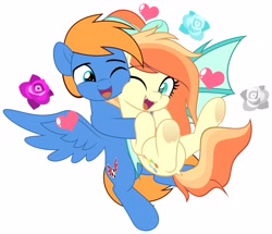 Size: 4096x3521 | Tagged: safe, artist:jhayarr23, part of a set, oc, oc only, oc:rozyfly, oc:sunshine drift, bat pony, pegasus, pony, bat wings, cheek fluff, cute, female, heart, hearts and hooves day, hug, hugging a pony, looking at each other, looking at someone, male, mare, nuzzling, oc x oc, shipping, simple background, smiling, stallion, straight, white background, wings