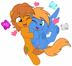 Size: 4096x3719 | Tagged: safe, artist:jhayarr23, part of a set, oc, oc only, oc:rozyfly, oc:zip circuit, earth pony, pegasus, pony, cheek fluff, commission, cute, duo, duo male, heart, hug, hugging a pony, looking at each other, looking at someone, male, not shipping, nuzzling, simple background, smiling, stallion, white background, ych result