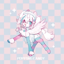 Size: 2048x2048 | Tagged: safe, artist:puzi, oc, oc only, oc:popping candy, pegasus, pony, clothes, female, happy, high res, maid, mare, mascot, pegasus oc, smiling, solo, sparkles, stockings, thigh highs