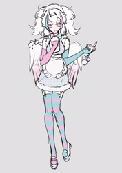 Size: 1451x2048 | Tagged: safe, artist:puzi, oc, oc only, oc:popping candy, human, clothes, female, holding, humanized, maid, mascot, pen, simple background, solo, stockings, thigh highs, winged humanization, wings