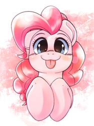 Size: 822x1098 | Tagged: safe, artist:kurogewapony, pinkie pie, earth pony, pony, g4, :p, abstract background, blushing, bust, cute, diapinkes, female, looking at you, mare, portrait, simple background, smiling, smiling at you, solo, tongue out
