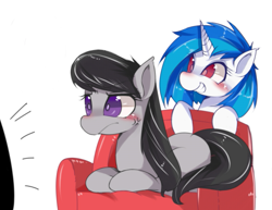 Size: 785x607 | Tagged: safe, artist:hua, edit, dj pon-3, octavia melody, vinyl scratch, earth pony, pony, unicorn, g4, blushing, couch, cropped, cross-popping veins, duo, female, grin, mare, simple background, smiling, television, white background