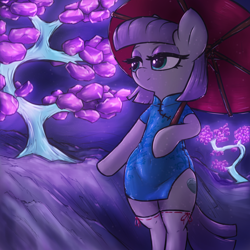 Size: 3000x3000 | Tagged: safe, artist:t72b, maud pie, earth pony, pony, g4, alternate design, bipedal, bonsai, cheongsam, clothes, cute, dress, female, gem, glowing, high res, hoof hold, leaning, lidded eyes, mare, maudabetes, rock, side slit, smiling, socks, solo, stockings, stone, that pony sure does love rocks, thigh highs, tree, umbrella, when she smiles