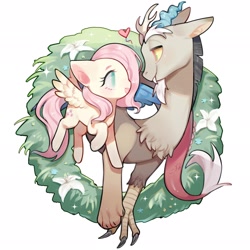 Size: 2048x2048 | Tagged: safe, artist:puzi, discord, fluttershy, draconequus, pegasus, pony, g4, duo, female, flower, heart, high res, looking at each other, looking at someone, male, mare, open mouth, open smile, ship:discoshy, shipping, simple background, smiling, straight, white background