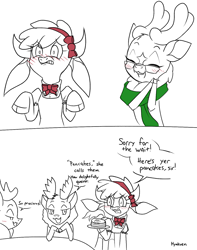 Size: 1165x1479 | Tagged: safe, artist:hyakuen, arizona (tfh), cashmere (tfh), cow, deer, reindeer, them's fightin' herds, alternate clothes, arizonadorable, blushing, bow, cashbetes, clothes, cloven hooves, comic, community related, cute, embarrassed, eyes closed, female, food, glasses, male, pancakes, poofy shoulders, ribbon, scarf, simple background, waitress, white background