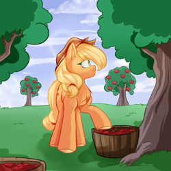 Size: 3000x3000 | Tagged: safe, artist:thieftea, applejack, earth pony, pony, g4, apple, apple tree, bucket, chest fluff, colored hooves, ear fluff, female, high res, mare, profile, solo, tree