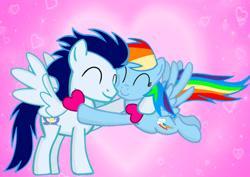 Size: 1280x908 | Tagged: safe, artist:mlplary6, rainbow dash, soarin', pegasus, pony, g4, ^^, boyfriend and girlfriend, duo, eyes closed, female, heart, holiday, hug, male, ship:soarindash, shipping, smiling, straight, valentine's day, valentine's day card